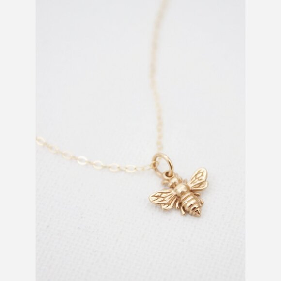 Honey Bee Charm Necklace – Petite Bronze Bee Pendant on 18" Gold Filled Chain - Picture 2 of 5
